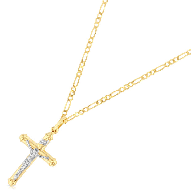 14K Gold Crucifix Cross Pendant with 2mm Figaro 3+1 Chain