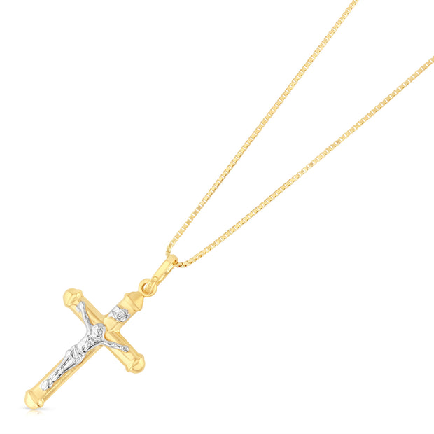 14K Gold Jesus Crucifix Cross Religious Charm Pendant with 0.8mm Box Chain Necklace