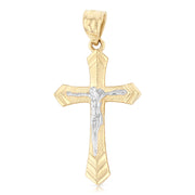 14K Gold Crucifix Cross Pendant with 1.5mm Flat Open Wheat Chain