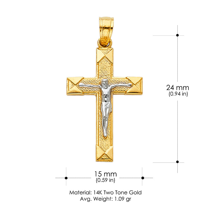 14K Gold Crucifix Cross Pendant with 1.5mm Flat Open Wheat Chain