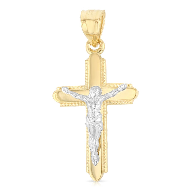 14K Gold Jesus Crucifix Cross Religious Charm Pendant with 0.8mm Box Chain Necklace