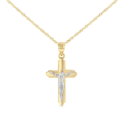 14K Gold Crucifix Cross Pendant with 1.2mm Singapore Chain