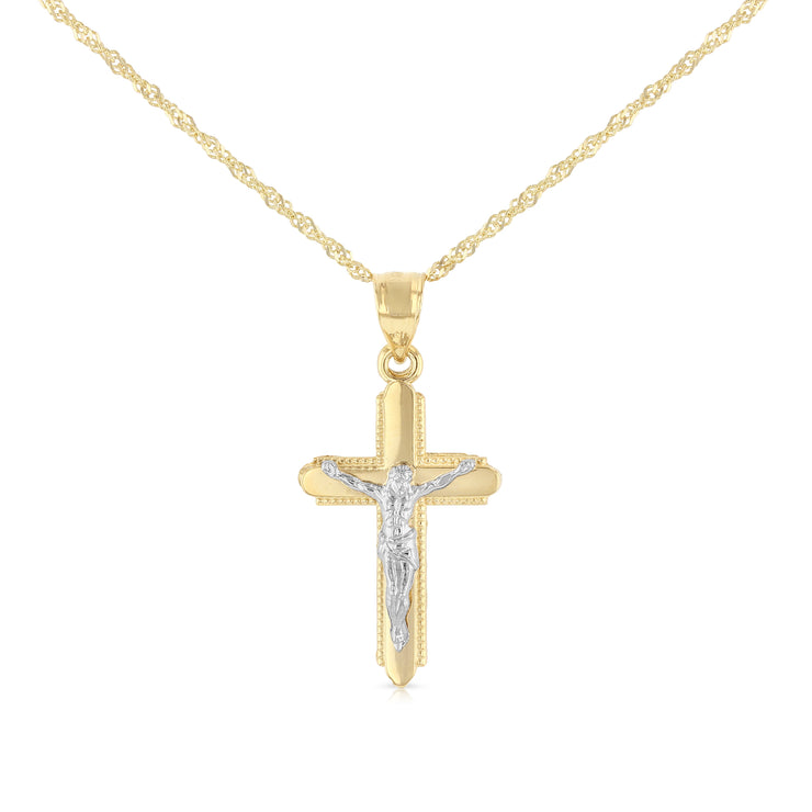 14K Gold Crucifix Cross Pendant with 1.2mm Singapore Chain