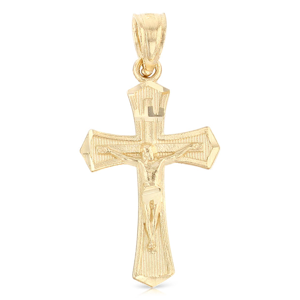 14K Gold Crucifix Cross Pendant with 1.5mm Flat Open Wheat Chain