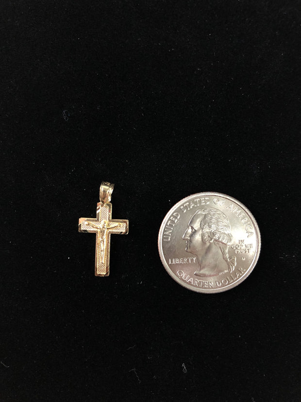 14K Gold Crucifix Cross Pendant with 1.5mm Flat Open Wheat Chain