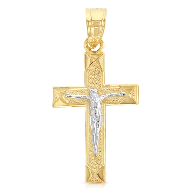 14K Gold Crucifix Cross Pendant with 1.5mm Flat Open Wheat Chain