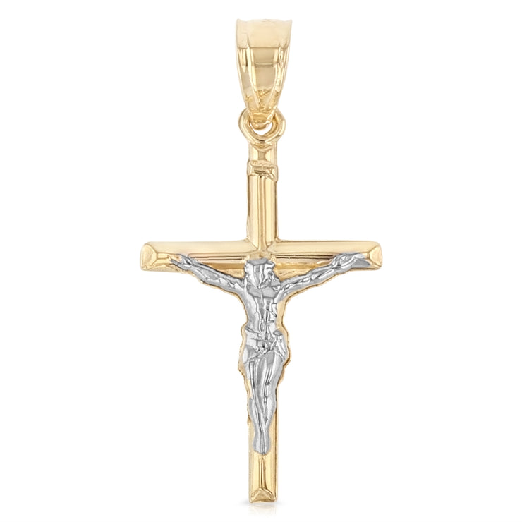14K Gold Crucifix Cross Pendant with 1.2mm Flat Open Wheat Chain