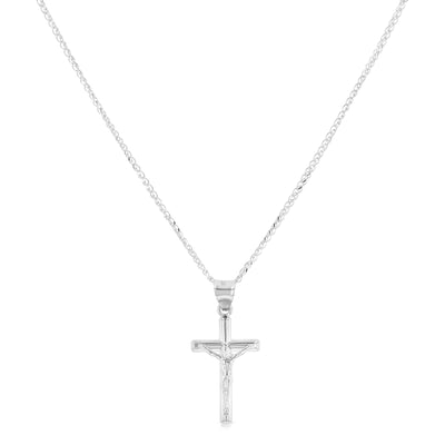 14K Gold Crucifix Cross Pendant with 1.3mm Flat Open Wheat Chain