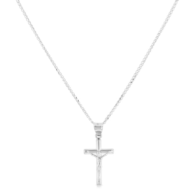 14K Gold Crucifix Cross Pendant with 1.3mm Flat Open Wheat Chain