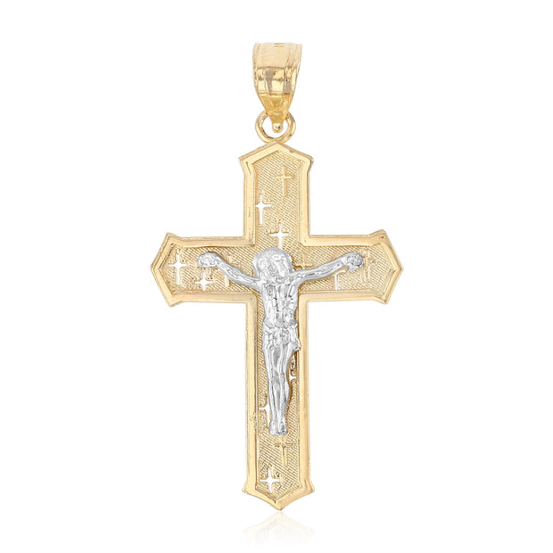 14K Gold Crucifix Cross Pendant with 1.7mm Flat Open Wheat Chain