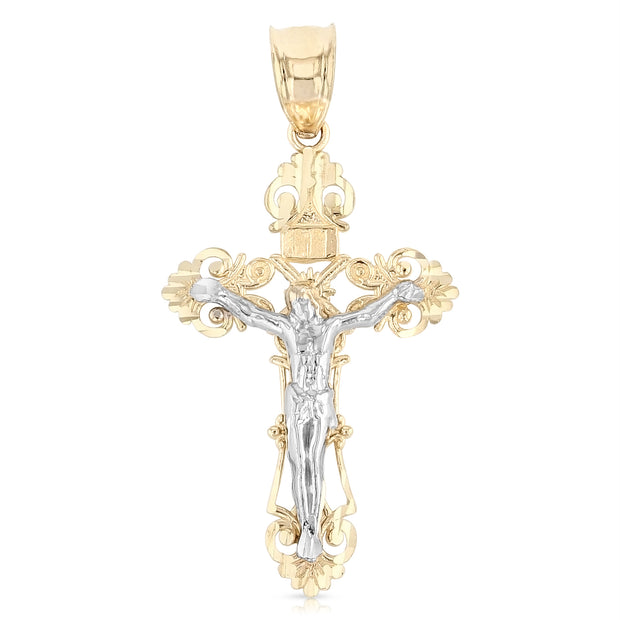 14K Gold Jesus Crucifix Cross Charm Pendant with 1.1mm Wheat Chain Necklace