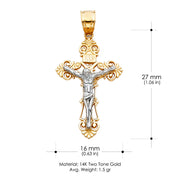 14K Gold Crucifix Cross Pendant with 1.5mm Flat Open Wheat Chain