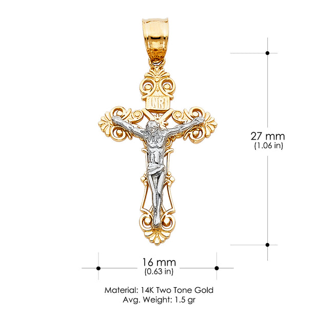 14K Gold Crucifix Cross Pendant with 1.5mm Flat Open Wheat Chain