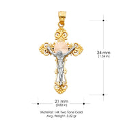 14K Gold Crucifix Cross Pendant with 3.1mm Figaro 3+1 Chain