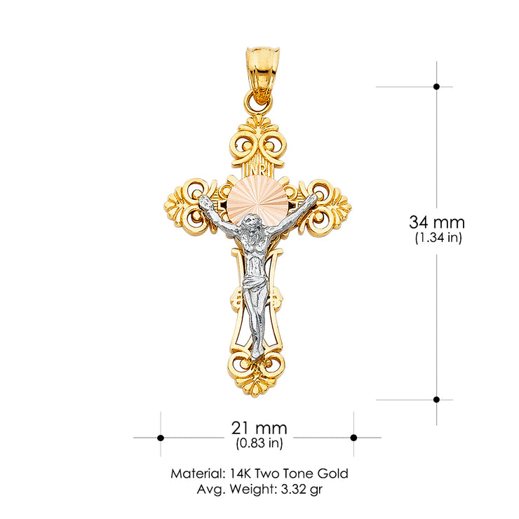 14K Gold Jesus Crucifix Cross Charm Pendant with 1.4mm Round Wheat Chain Necklace