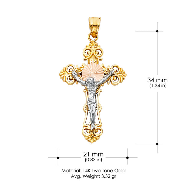 14K Gold Crucifix Cross Pendant with 1.5mm Flat Open Wheat Chain