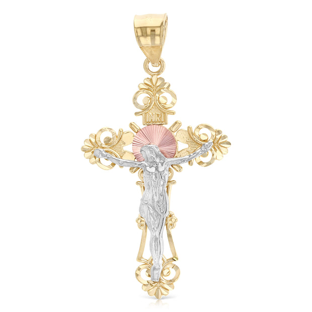 14K Gold Jesus Crucifix Cross Charm Pendant with 1.4mm Round Wheat Chain Necklace