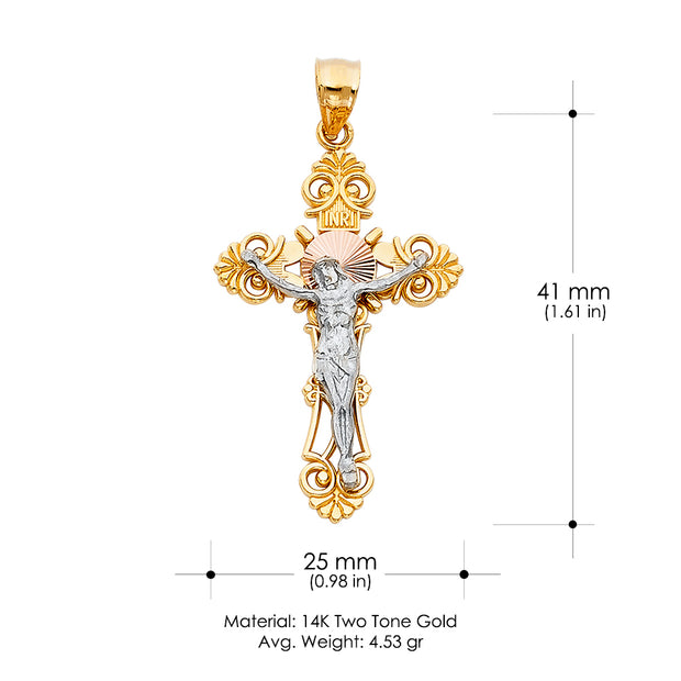 14K Gold Jesus Crucifix Cross Charm Pendant with 1.4mm Round Wheat Chain Necklace