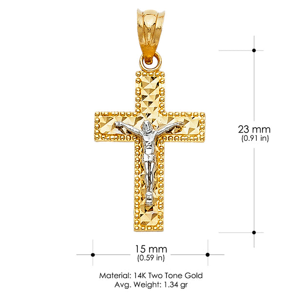 14K Gold Jesus Crucifix Cross Charm Pendant with 1.1mm Wheat Chain Necklace
