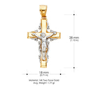 14K Gold Crucifix Cross Pendant with 1.5mm Flat Open Wheat Chain