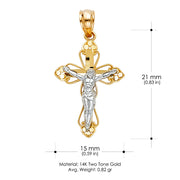 14K Gold Crucifix Cross Pendant with 1.2mm Flat Open Wheat Chain