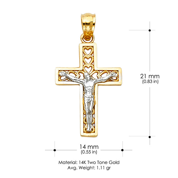 14K Gold Jesus Crucifix Cross Religious Pendant with Hearts