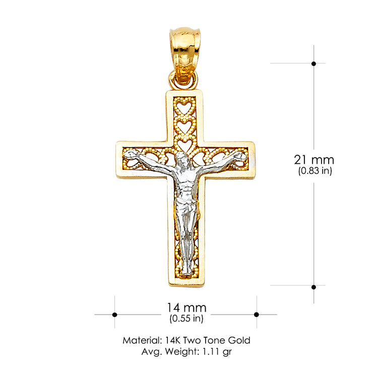 14K Gold Jesus Crucifix Cross Religious Pendant with Hearts