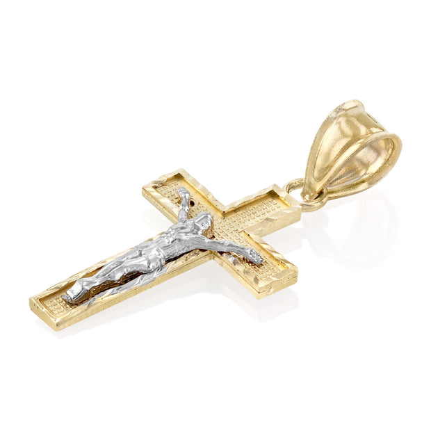 14K Gold Crucifix Cross Pendant with 1.5mm Flat Open Wheat Chain