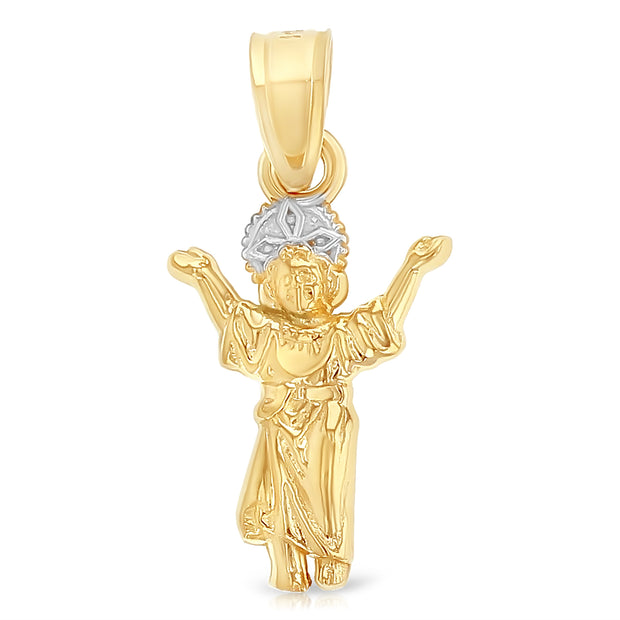 14K Gold Praying Jesus Yo Reinare Pendant with 1.5mm Flat Open Wheat Chain