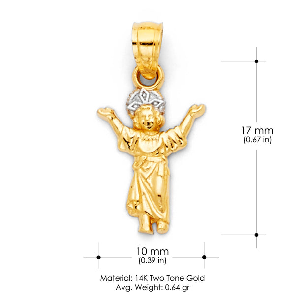 14K Gold Praying Jesus Yo Reinare Pendant with 1.5mm Flat Open Wheat Chain