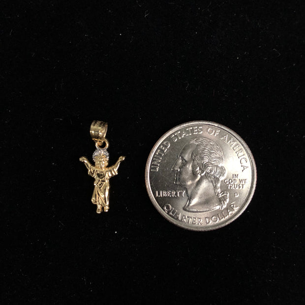 14K Gold Praying Jesus Yo Reinare Pendant with 1.5mm Flat Open Wheat Chain