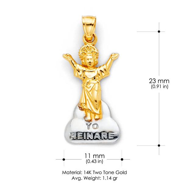 14K Gold Praying Jesus Yo Reinare Pendant with 1.5mm Flat Open Wheat Chain