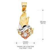 14K Gold Praying Hands Pendant with 1.7mm Flat Open Wheat Chain