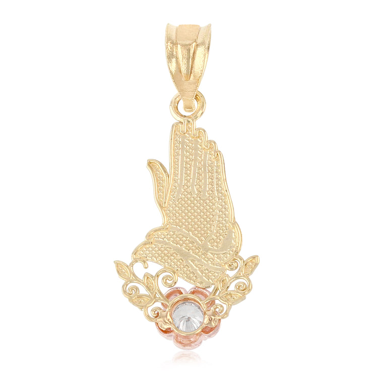 14K Gold Praying Hands Pendant with 1.7mm Flat Open Wheat Chain