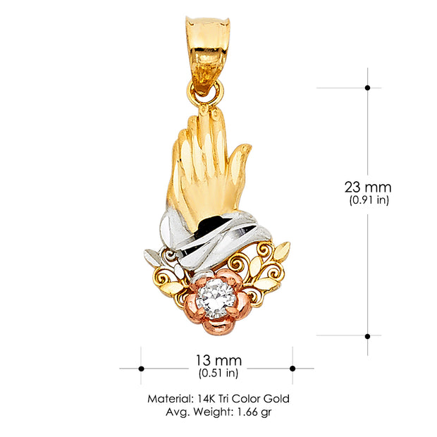 14K Gold Praying Hands Pendant with 1.2mm Singapore Chain