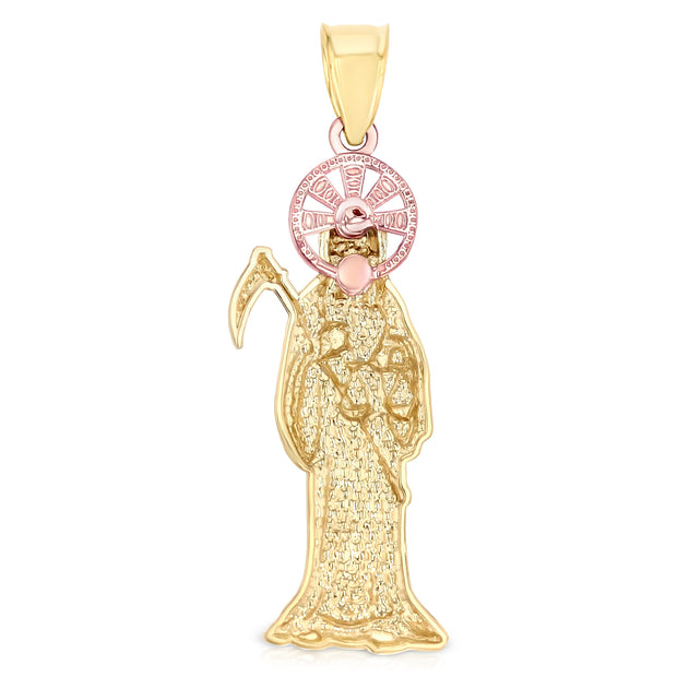 14K Gold Grim Reaper Charm Pendant with 1.1mm Wheat Chain Necklace