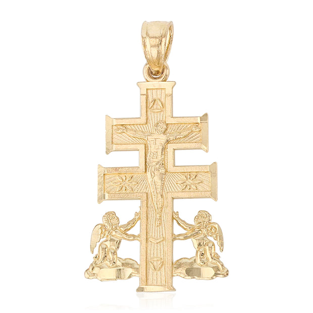 14K Gold Jesus Crucifix Cross of Caravaca Religious Charm Pendant with 1.2mm Box Chain Necklace