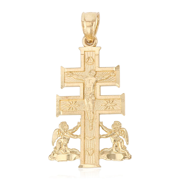 14K Gold Crucifix Cross of Caravaca Pendant with 2.3mm Figaro 3+1 Chain