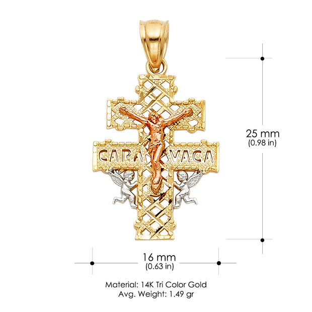 14K Gold Crucifix Cross of Caravaca Pendant with 2mm Figaro 3+1 Chain