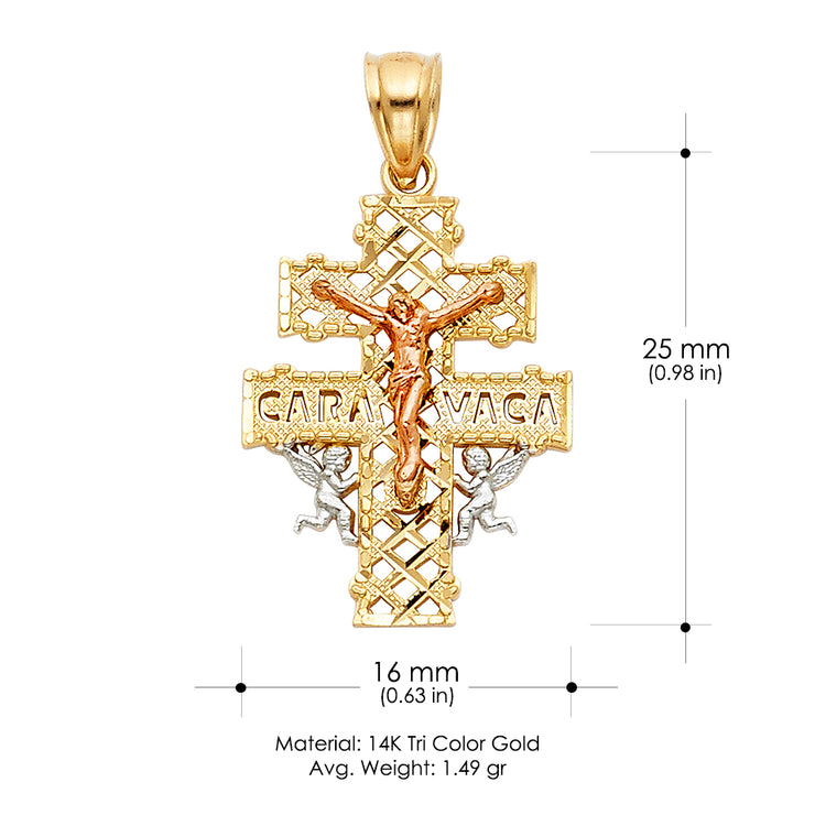 14K Gold Crucifix Cross of Caravaca Pendant with 2mm Figaro 3+1 Chain