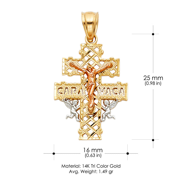 14K Gold Crucifix Cross of Caravaca Pendant with 2mm Hollow Cuban Bevel Chain