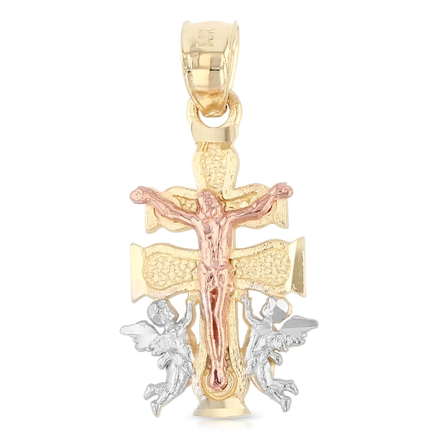 14K Gold Jesus Crucifix Cross of Caravaca Religious Charm Pendant with 0.8mm Box Chain Necklace