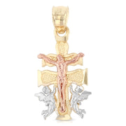 14K Gold Jesus Crucifix Cross of Caravaca Charm Pendant with 0.9mm Wheat Chain Necklace