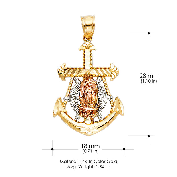 14K Gold Guadalupe Anchor Pendant with 2.3mm Figaro 3+1 Chain