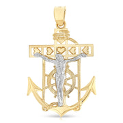 14K Gold Jesus Crucifix Anchor Charm Pendant with 1.4mm Round Wheat Chain Necklace