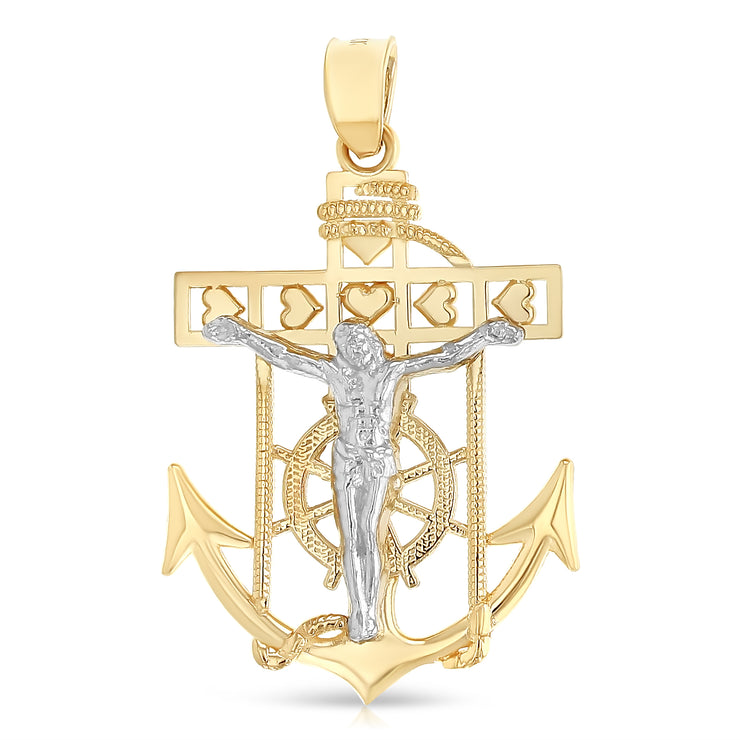 14K Gold Jesus Crucifix Anchor Charm Pendant with 1.4mm Round Wheat Chain Necklace