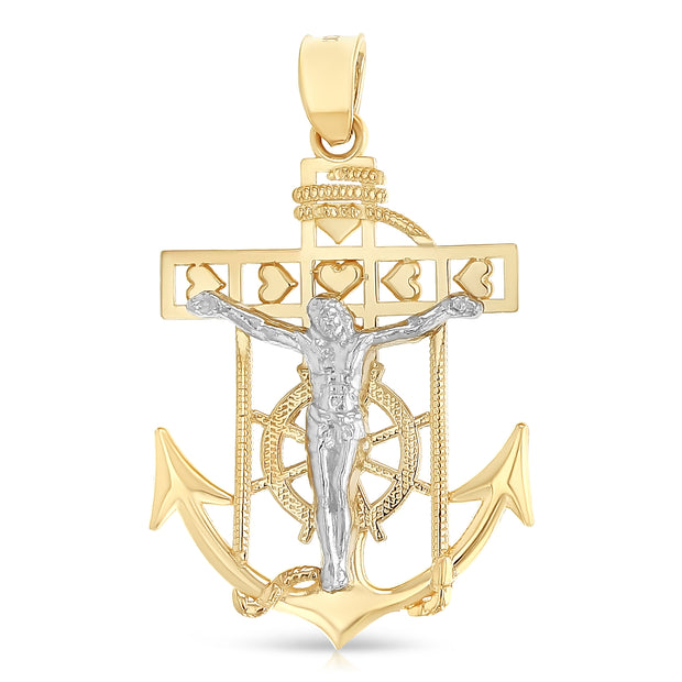 14K Gold Jesus Crucifix Anchor Religious Charm Pendant with 1.2mm Box Chain Necklace