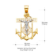 14K Gold Jesus Crucifix Anchor Religious Charm Pendant with 1.2mm Box Chain Necklace