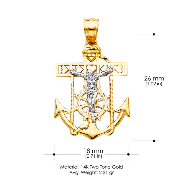 14K Gold Jesus Crucifix Anchor Religious Charm Pendant with 1.2mm Box Chain Necklace