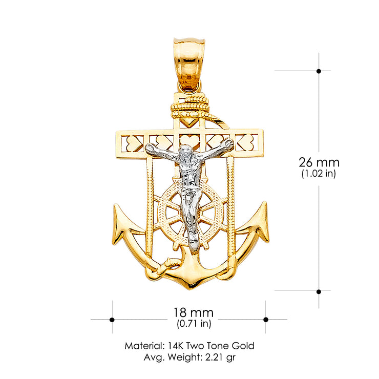 14K Gold Jesus Crucifix Anchor Religious Charm Pendant with 1.2mm Box Chain Necklace